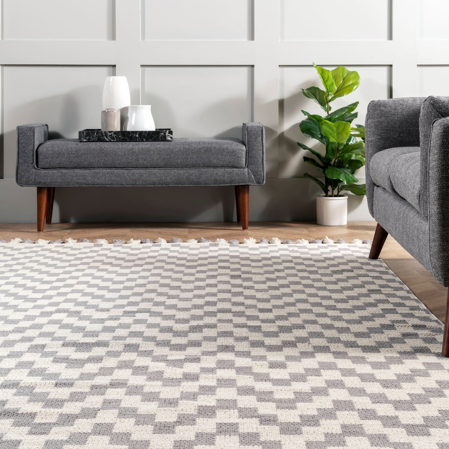 Flatwoven Chevrons with Tassels Rug | Grey